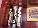 (A-37) VINTAGE/ANTIQUE MULTI GAMES IN WOODEN BOX-CHESS, DOMINOES, CHECKERS AND CHINESE CHECKERS-NO BOARDS