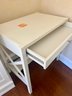 (UP) SMALL WHITE POTTERY BARN PRESSED WOOD DESK WITH COORDINATING FURRY TOP STOOL - 31' L BY 20'D BY 30' H