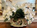 (HALL) DECORATED OVAL TIN PLANTER FILLED WITH SILK ORCHIDS - 16' ACROSS