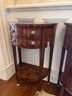 (HALL) PAIR OF 'REPLICA BY THEODORE ALEXANDER' MAHOGANY DEMI LUNE ACCENT TABLES With TWO DRAWERS - 35HX14DX22