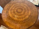 (HALL) ROUND ACCENT TABLE WITH INLAID WOOD MARQUETRY TOP - 24' ACROSS BY 30' HIGH - SOME WEAR/DAMAGE SEE PICS