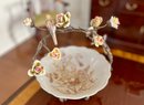 (DR) PORCELAIN CENTERPIECE BOWL WITH IRON BRANCH HANDLE DECORATED WITH FLOWERS & BIRDS - BRASS BASE-14' BY 10'