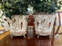 (DR) PAIR OF PORCELAIN POTS /PLANTERS DECORATED WITH BIRDS - WITH BRASS HANDLES & BASE-6' BY 10'