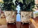 (DR) PAIR OF PORCELAIN POTS /PLANTERS DECORATED WITH BIRDS - WITH BRASS HANDLES & BASE-6' BY 10'