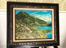 (DR) VINTAGE LANDSCAPE OIL PAINTING ON CANVAS -CAR ON WINDING ROAD - SIGNED -28' BY 24'
