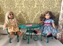 (B-37) AMERICAN GIRL DOLLS 'JULIE ALBRIGHT & REBECCA RUBIN' WITH GREEN AMERICAN GIRL BISTRO TABLE & CHAIRS
