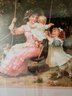(BHALL) VICTORIAN MOTHER WITH HER CHILDREN ON A SWING PRINT IN PRETTY GOLD FRAME - 34' BY 25'