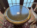 (DEN) ROUND LEATHER TOP ACCENT TABLE W/HEAVY BASE - WEAR TO LEATHER, SEE PICS - 32' WIDE BY 28' HIGH