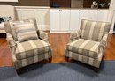 (BASE) PAIR OF UPHOLSTERED ARMCHAIRS - EAST END INTERIORS-LIKE NEW, STRIPED - 31W,39D,36H -LOCATED IN BASEMENT