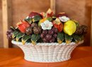 (G-9) HUGE CERAMIC BASKET OF COLORFUL FRUITS - ONE OR TWO SMALL EDGE CHIPS - 20' BY 12'