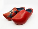 (B-33) PAIR OF DUTCH CLOGS RED PAINTED WITH ROSEMALING DECORATION - 9.5' BY 4'