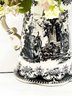 (A12) THREE BLACK & WHITE TOILE PATTERN PORCELAIN ITEMS - DISH, BOWL AND PITCHER W/SILK FLOWERS  -8'-14'