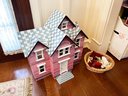 (A45) MELISSA & DOUG VICTORIAN DOLL HOUSE WITH BASKET FULL OF ASSORTED FURNITURE - HOUSE IS 28' TALL