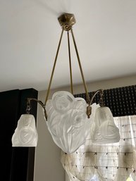 (DEN) VINTAGE FRENCH ART DECO CHANDELIER WITH CENTER & 3 SHADES, DEGUE? FROSTED &ETCHED GLASS- 33' Drop BY 16'