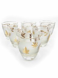 (A-26) VINTAGE BARWARE-LOT OF 6 FROSTED AND GOLDEN LEAVES WHISKEY GLASSES