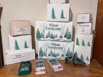 (ZZ-142) COLLECTION OF DEPT. 56 VILLAGE LANDSCAPE TREES & LIGHTED LAMP POSTS ACCESSORIES - ALL IN BOXES