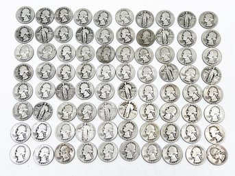 (A-99) VINTAGE LOT OF 80 WASHINGTON & STANDING LIBERTY 90 PERCENT SILVER US QUARTERS-APPROX. 307 DWT
