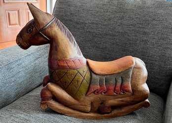 (DR) CHARMING VINTAGE SOLID WOOD TABLETOP ROCKING HORSE PURCHASED IN THAILAND - 16'