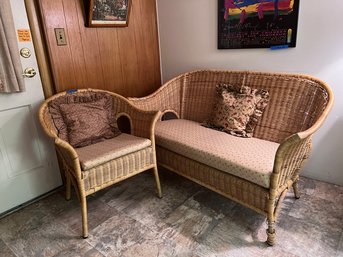 (B) VINTAGE WICKER RATTAN SMALL SOFA, 55' BY 25' & CHAIR 35' BY 25'- SOME PEELING RATTAN ON SOFA LEG