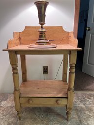 (B) SMALL UNFINISHED PINE, ONE DRAWER ACCENT TABLE WITH CIRCLE CUT ON TOP - 37' H BY 24' W BY 15' D