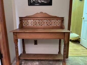 (B) ANTIQUE ENGLISH NATURAL PINE WASHSTAND WITH TILE BACK - 40'W BY 36'H BY 16' D