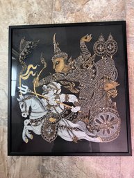 (B) VINTAGE THAILAND TEMPLE RUBBING - HORSE & CHARIOT FRAMED 19' BY 20'