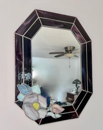(LR) LOVELY VINTAGE STAINED GLASS WALL MIRROR WITH FLOWER - OCTAGON - 22' BY 19'