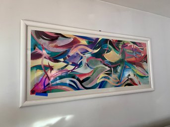 (LR) LARGE FRAMED ABSTRACT ART PRINT - COLORFUL IN WHITE FRAME- 45' BY 24'
