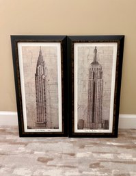 (Stairs) PAIR OF MODERNIST FRAMED CHRYSLER BUILDING & EMPIRE STATE BUILDING PRINTS - 13' By 25'