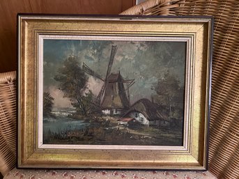 (BA-11) LOVELY VINTAGE SIGNED 'HUDSON' OIL PAINTING ON CANVAS - LANDSCAPE WITH WINDMILL - 16' BY 20'