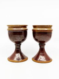 (A-17) PAIR MID CEN MOD VINTAGE 1970'S ART POTTERY CHALICES - GOBLETS - GOTHIC! - 6' BY 3.5'