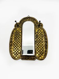 (A-19) VINTAGE MOROCCAN STYLE SMALL BRASS WALL MIRROR WITH HOOKS - 10' BY 9'
