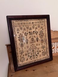 (BA-8) ALPHABET, NUMBERS, FIGURES & ANIMALS ANTIQUE 1800'S SAMPLER-'HAMSON 11 YEARS & MARTHA AGED -'18' BY 15'