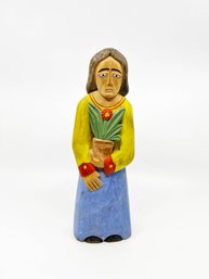 (A-25) CARVED WOOD MEXICAN FOLK ART STATUE - SAD WOMAN HOLDING A PLANT - 11' TALL
