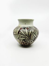 (A-26) SIGNED ART POTTERY VASE WITH LEAF & CROSSHATCH PATTERN - 'BREXTON?' - 7' BY 7'