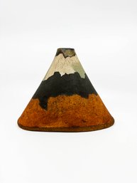 (A-29) VINTAGE SIGNED 'C. MARQUETTE' ART POTTERY 'VOLCANO' TRIANGULAR VASE - 10' BY 7'