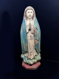 (A-118) LARGE VINTAGE MADONNA WOOD CARVED STATUE, LIKELY MEXICO, LOVELY BLUE PAINTED SCULPTURE - CHRISTIAN