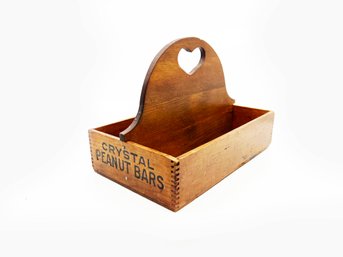 (A-30) ANTIQUE 'CRYSTAL PEANUT BARS' ADVERTISING WOOD CADDY W/DOVETAIL JOINTS & HEART SHAPED HANDLE- 11'X7'X8'