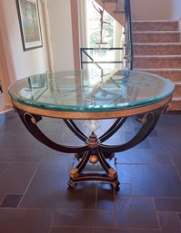 REGENCY STYLE ROUND ETCHED GLASS TOP CENTER HALL TABLE -STEEL BASE WITH CRYSTAL FINIAL - 48' BY 35' HIGH