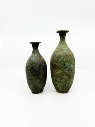 (A-31) PAIR OF ANTHROPOLOGY EGYPTIAN STYLE VASES WITH GREEN PATINA - 9' & 8'