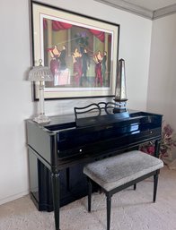 (LR) BEAUTIFUL VINTAGE JET BLACK GLOSS BALDWIN ACROSONIC UPRIGHT PIANO & BENCH - MAINTAINED - 59' BY 26' BY 36