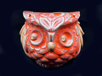 (A-120) MID CENTURY 'HAEGER POTTERY' HANGING RED OWL PLANTER, USA- HAIRLINE INTERIOR CRACK NOT THROUGHOUT -7.5