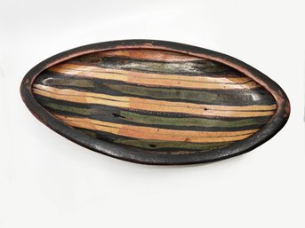 (A-33) VINTAGE ALMOND SHAPED ART POTTERY SHALLOW BOWL - NATURALIST BROWN TONES - 21' BY 11' BY 2.5'