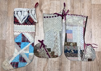 (B) THREE VINTAGE QUILTED, PATCHWORK CHRISTMAS STOCKINGS - 12'-14'