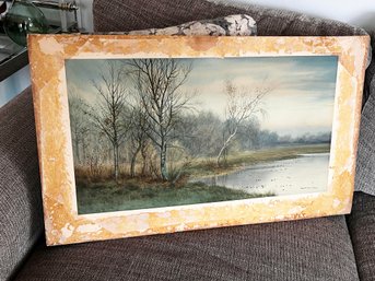 (A-131) TRANQUIL ANTIQUE WATERCOLOR LAKESIDE LANDSCAPE By GEORGE HOWELL GAY (1858-1931) - 27' X 16' MOUNTED