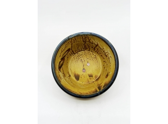 (A-54) 'LU' SIGNED ART POTTERY ONE OF A KIND BOWL WITH UNIQUE MUSTARD GLAZE - 9' WIDE 5' TALL