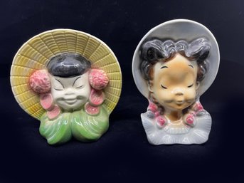 (A-138) LOT OF 2 ROYAL COPLEY WALL POCKET HEAD VASES-ASIAN-2 ASIAN GIRLS-SEE IMAGES FOR SIZE & CONDITION