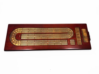 (A-1) HANDCRAFTED WOOD AND METAL CRIBBAGE GAME WITH PEGS - APPROX. 16 1/2' X 5 1/2'-MARKED 1996