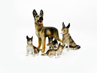 (A-71) FAMILY OF FIVE VINTAGE 'ERPHILA, GERMANY' CERAMIC DOG FIGURINES - 3' -5'