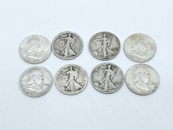 (J-10) VINTAGE LOT OF 8 SILVER HALD DOLLAR COINS-4 WALKING LIBERTY & 4 FRANKLIN COINS-APPROX. 63 DWT